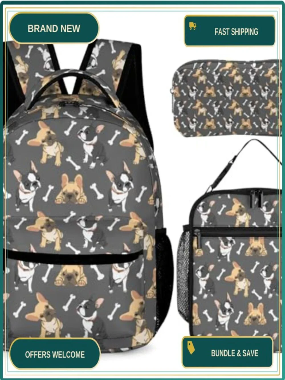 French Bulldog Backpack Set with Lunch Bag & Pencil Case 17in 900D Nylon